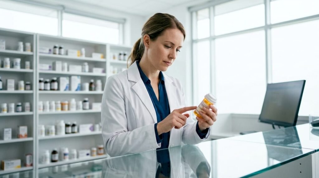 Pharmacist reviewing semaglutide vial in pharmacy