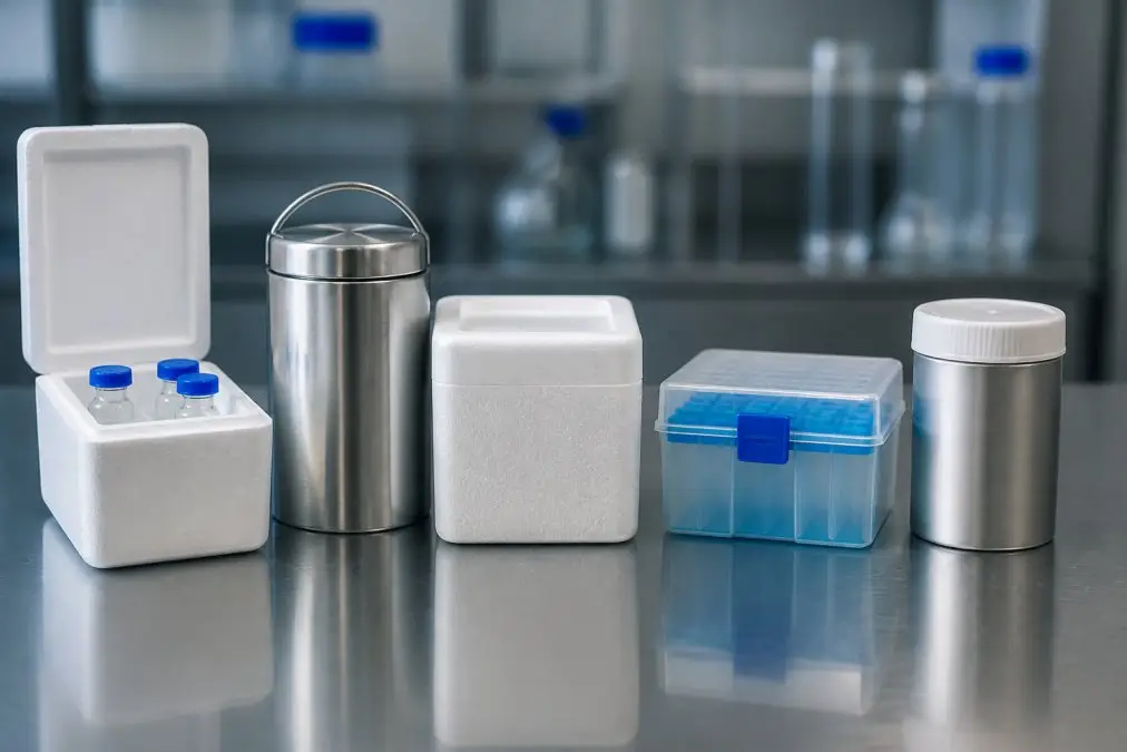 Lab bench with five containers: a foam cooler with vials, a tall stainless steel canister, a white insulated box, a blue‑lidded plastic box, and a stainless cylindrical jar.