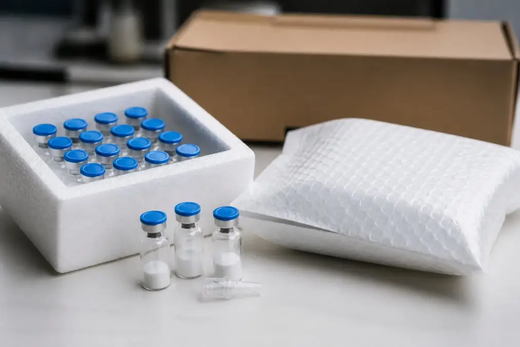 Lab vials with blue caps in a foam tray, ready for shipment beside bubble wrap and a cardboard box.