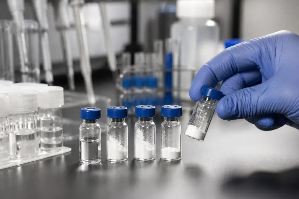 Gloved hand placing a small vial with white powder into a row of similar vials on a laboratory bench.