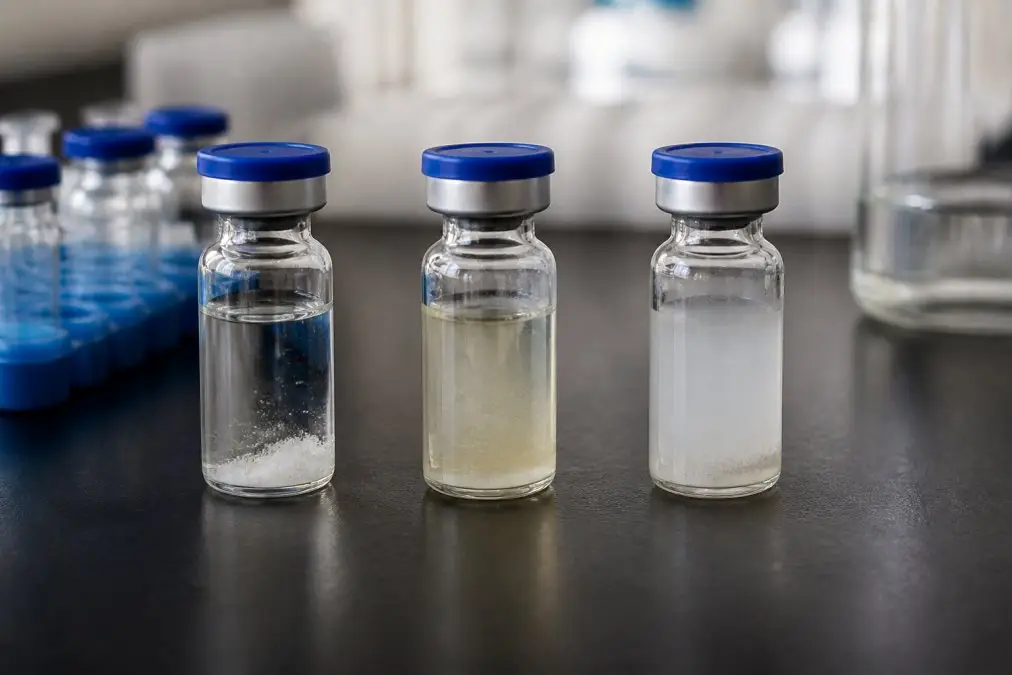 Three glass vials with blue caps on a lab bench, each containing a different sample (white powder, pale liquid, and cloudy solution).