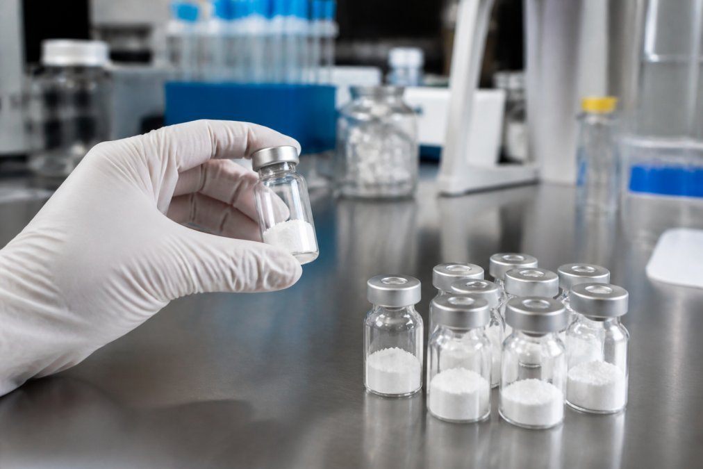 Gloved hand holds a small vial with white powder; several similar vials sit on a stainless lab bench behind it.